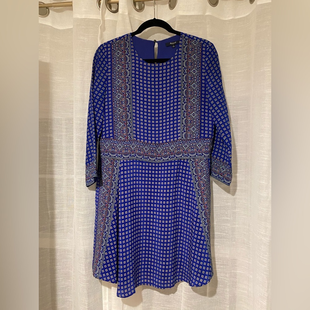 Blue patterned silk Madewell dress long sleeve